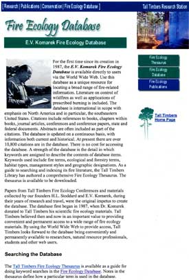 EV Komarek Database contains a searchable online database of fire ecology literature available to all researchers